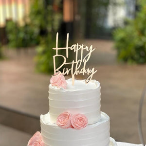 Wooden Happy Birthday Script Cake Topper - Style 2