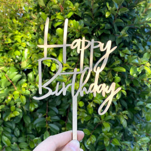 Wooden Happy Birthday Script Cake Topper - Style 2