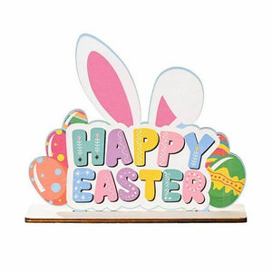 Wooden Happy Easter Spring Rabbit & Egg Shelf Sitter