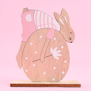 Wooden Easter Bunny Hugging Giant Egg Shelf Sitter