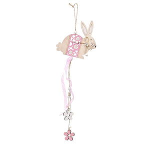 Wooden Floral Easter Rabbit Hanging Ornament PINK