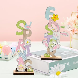 Wooden Easter Spring Rabbit & Gnome Shelf Sitter Ornament - STYLE 2