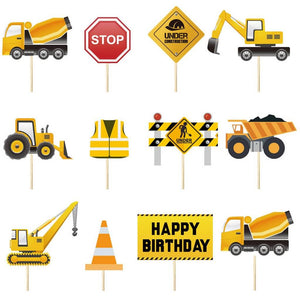 Yellow Construction Themed Paper Cupcake Topper 12 Pack