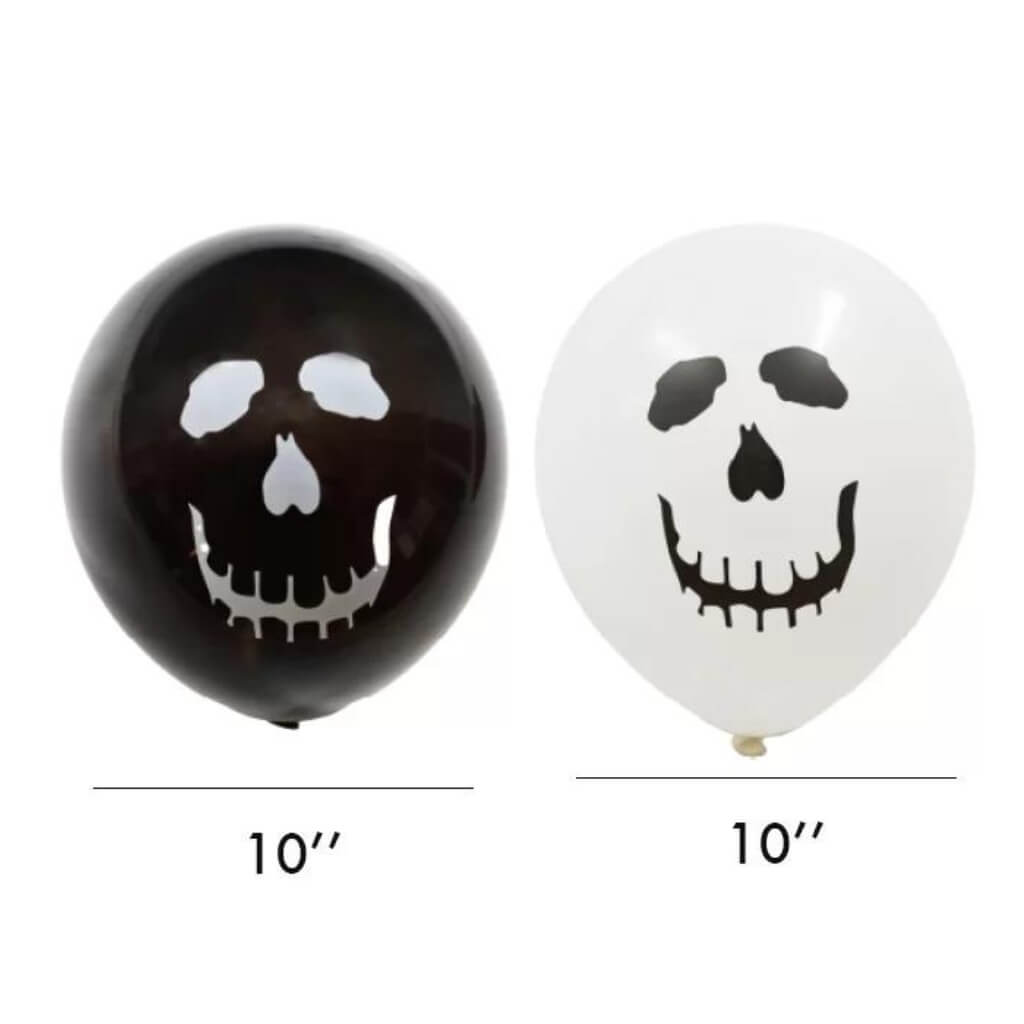 10-inch Black & White Smiling Skeleton Face Latex Balloons 8pk