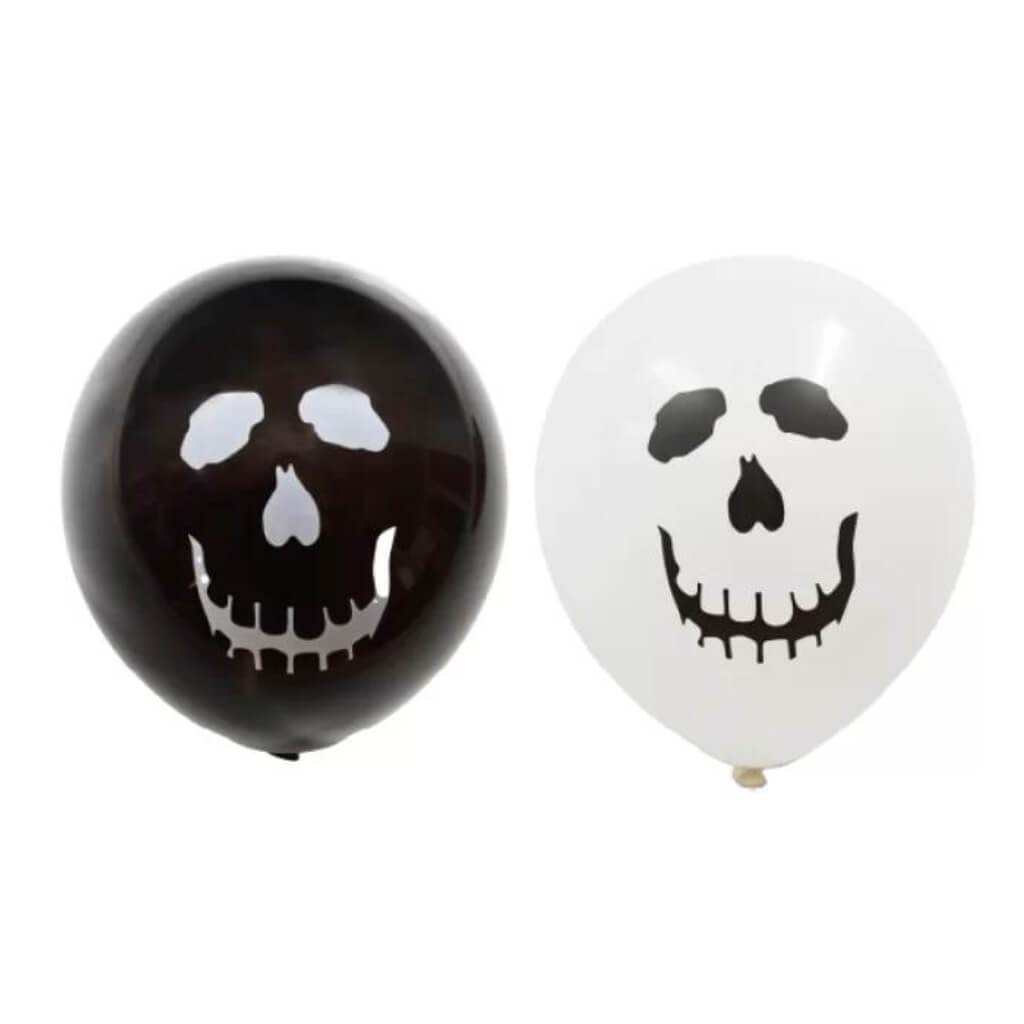 10-inch Black & White Smiling Skeleton Face Latex Balloons 8pk