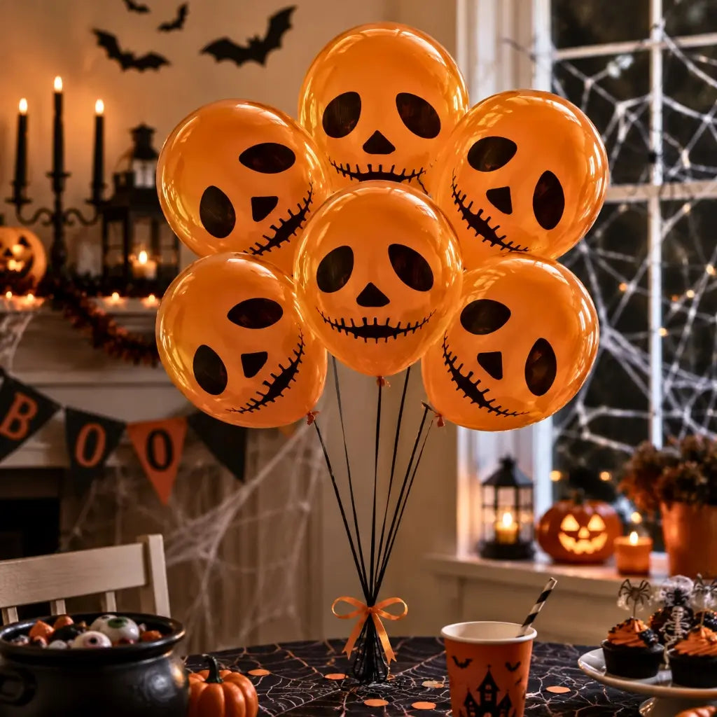 Halloween-themed balloons with jack-o'-lantern faces in a decorated room with pumpkins and candles.