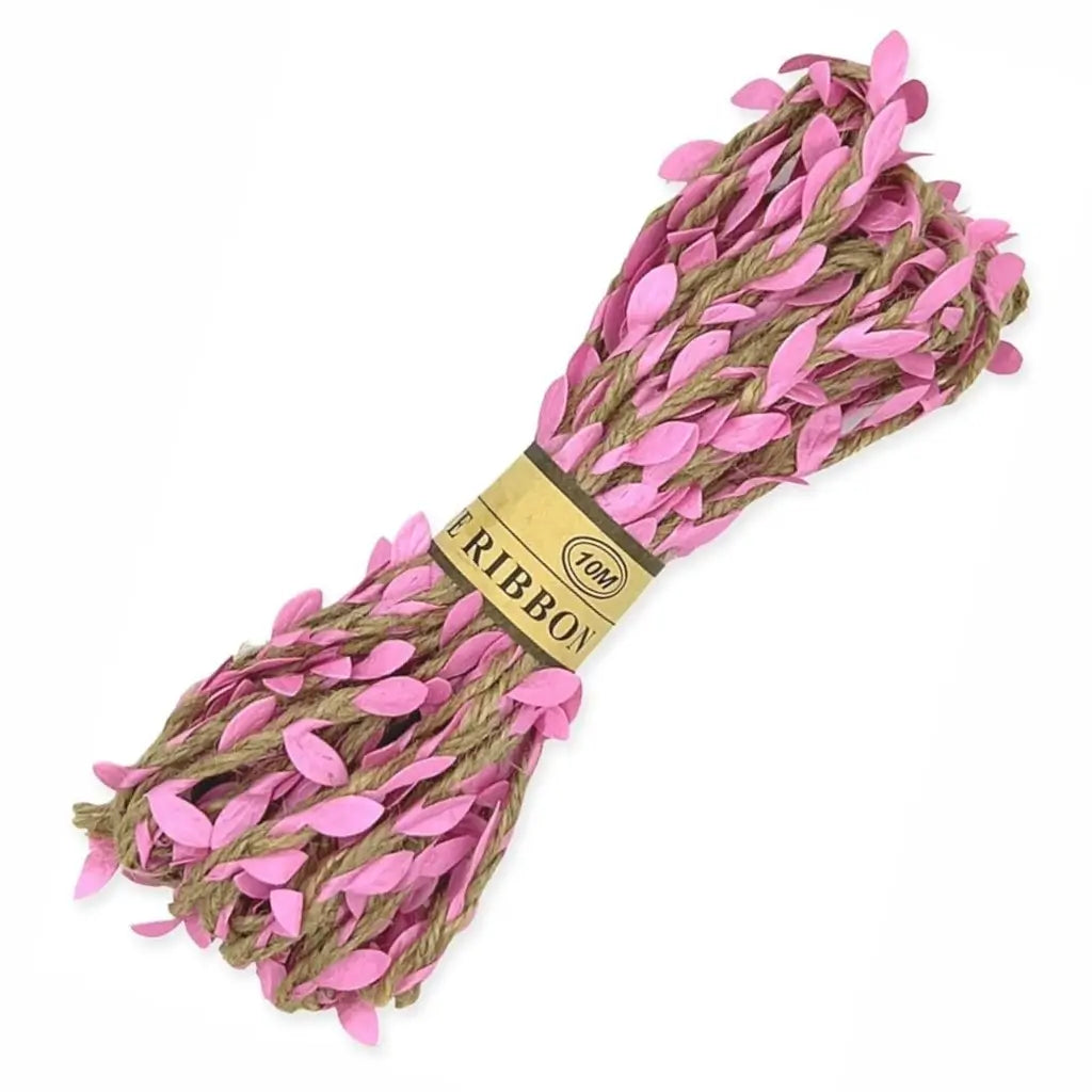 10m Pink Leaf Hessian Burlap Ribbon
