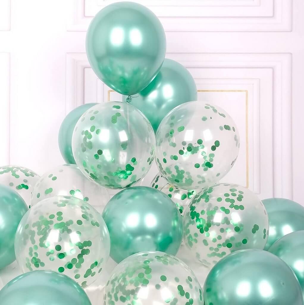 12'' Metallic Chrome Green Confetti & Latex Balloon Bouquet - 10 Piece Bundle