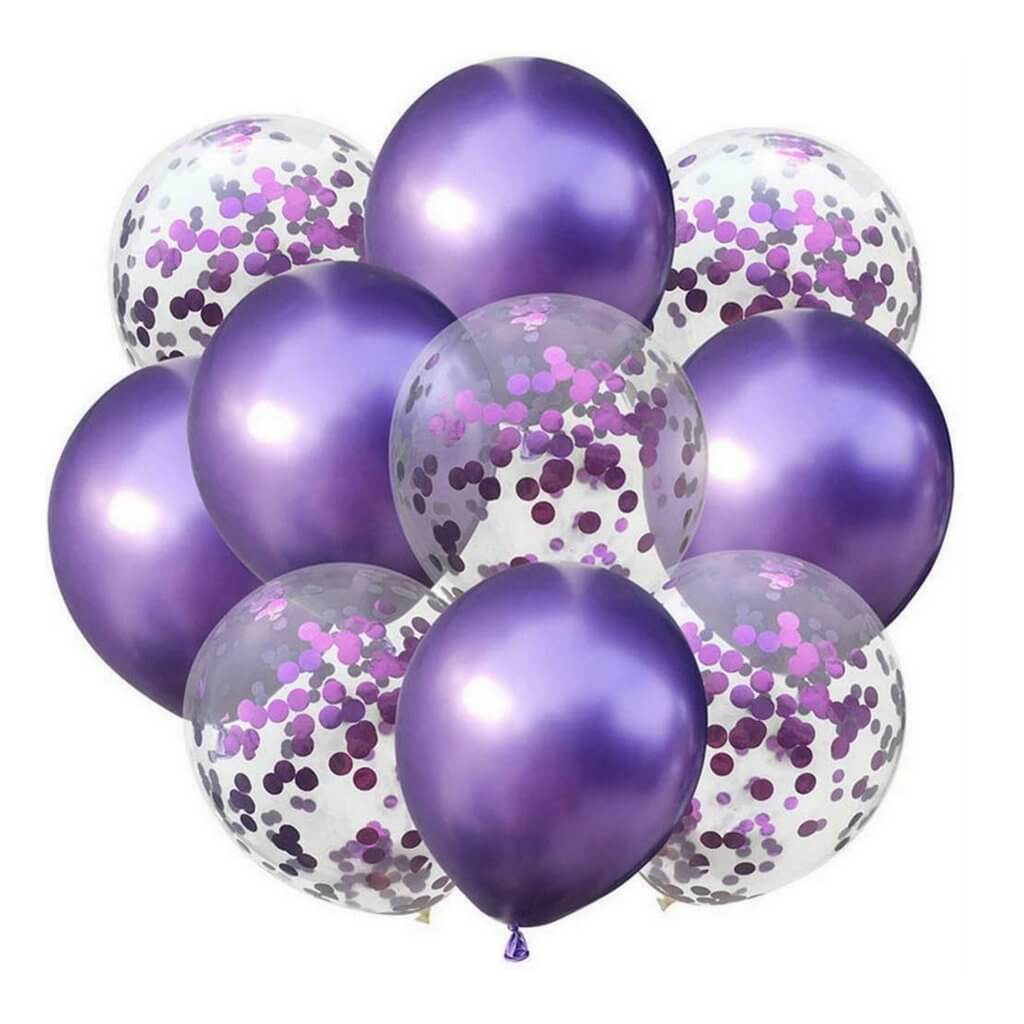12 Inch Metallic Chrome Purple Confetti & Latex Balloon Bouquet 10 Pack