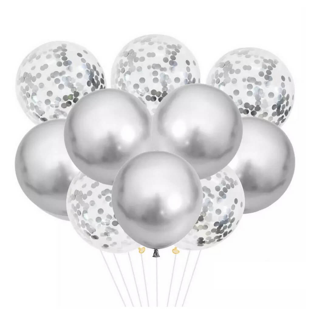 12 inch Metallic Chrome Silver Confetti & Latex Balloon Bouquet 10 Pack
