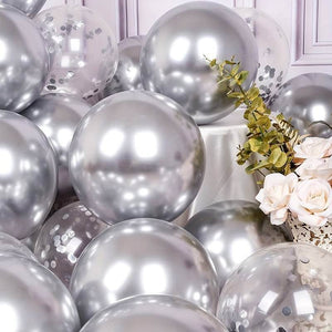 12 inch Metallic Chrome Silver Confetti & Latex Balloon Bouquet 10 Pack