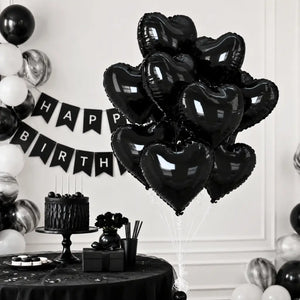 18in Black Heart Foil Party Balloon Bouquet monochrome birthday party setup