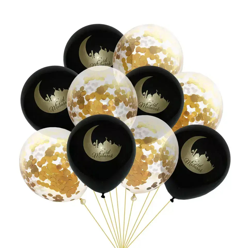Black & Gold Confetti Eid Mubarak Latex Balloon Bouquet