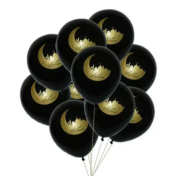 10-inch Black Eid Mubarak Moon Mosque Latex Balloons