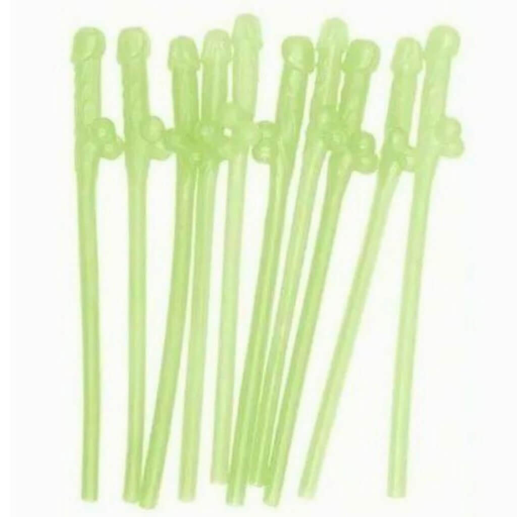 Glow in The Dark Naughty Adult Party Green Penis Straws 10pk