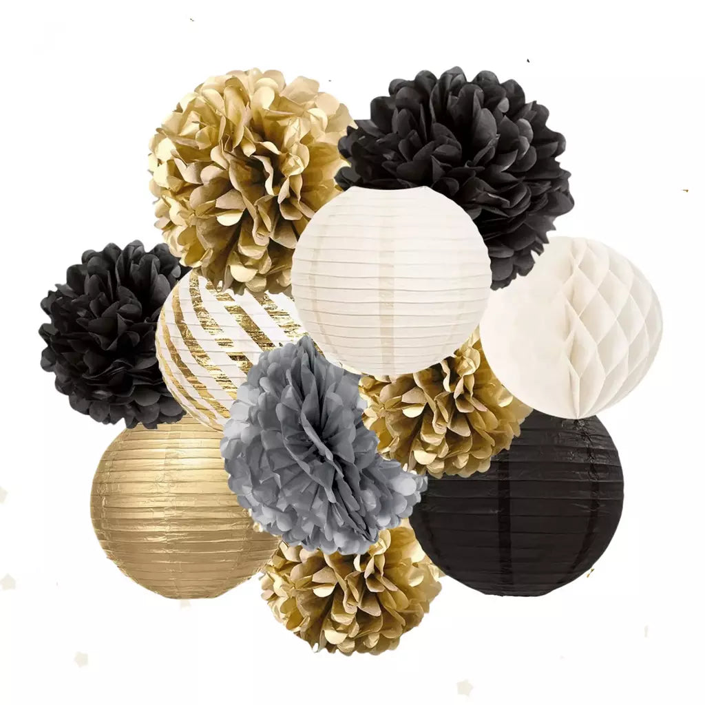 Black & Gold Paper Pom Poms and Lanterns 11pk