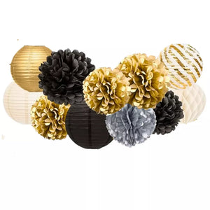 Black & Gold Paper Pom Poms and Lanterns 11pk