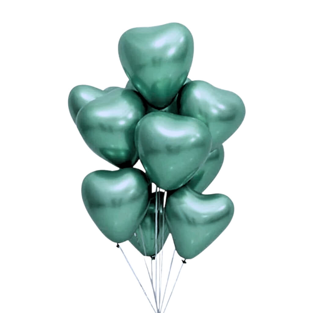 12-inch Chrome Heart Latex Balloons 10pk - Metallic Forest Green