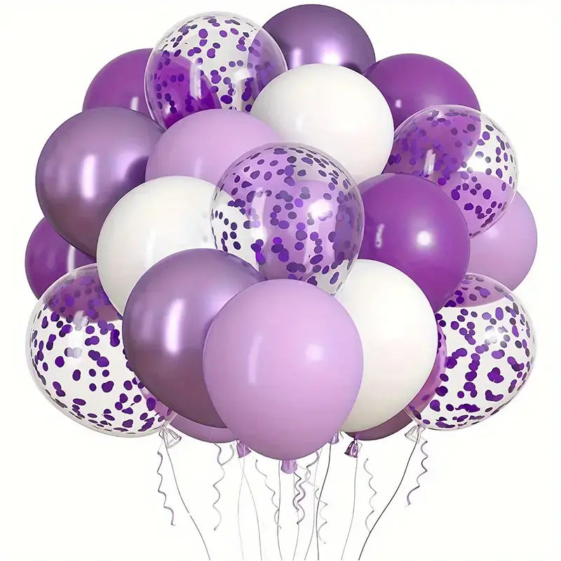 Pack of 20 12-inch Chrome Purple, Pastel Purple, Purple Confetti &amp; White Balloon Bouquet.