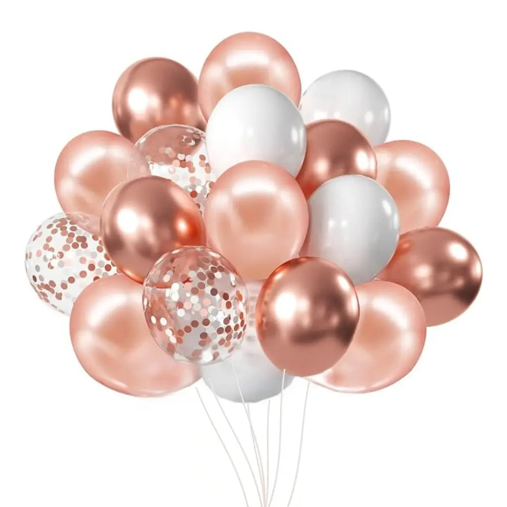 Pack of 20 12-inch Chrome Rose Gold, Rose Gold, White &amp; Confetti Balloon Bouquet