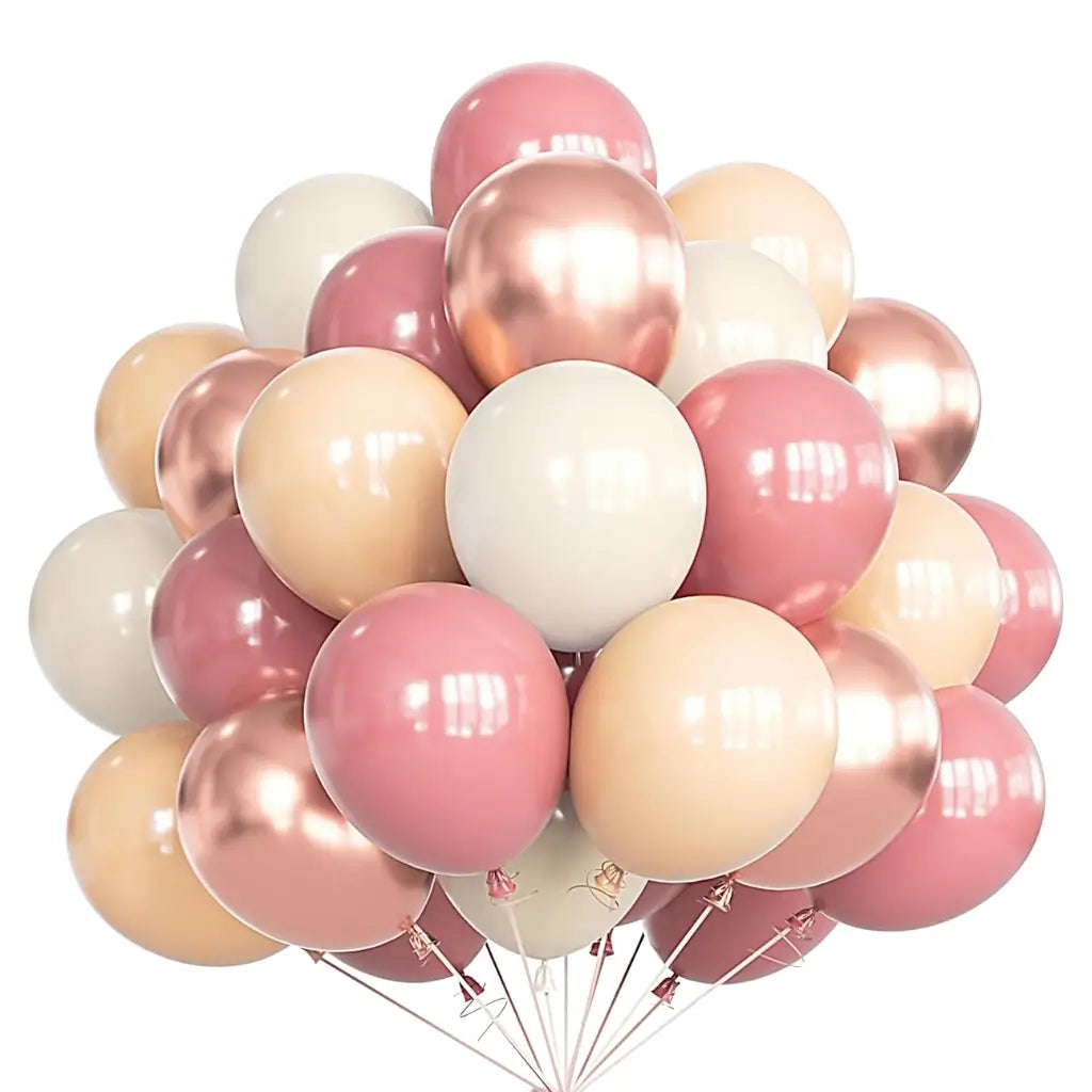 Pack of 30 12-inch Chrome Rose Gold, Retro White Sand, Retro Dusty Pink &amp; Apricot Balloon Bouquet.