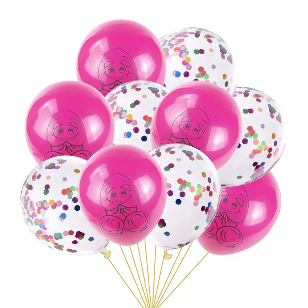 Hot Pink Smiling Penis & Rainbow Confetti Latex Balloon 10 Pack