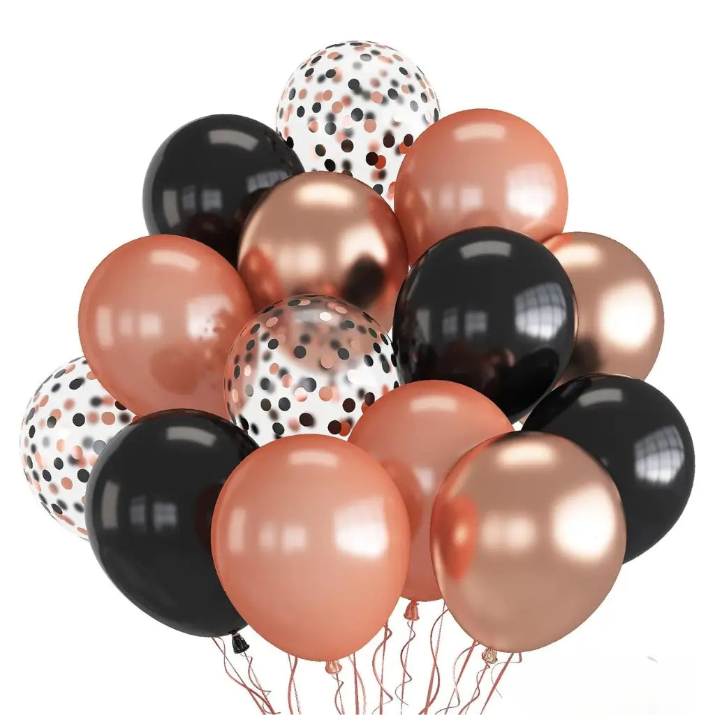 12-inch Chrome Rose Gold Black Confetti Balloon Bouquet 20pk
