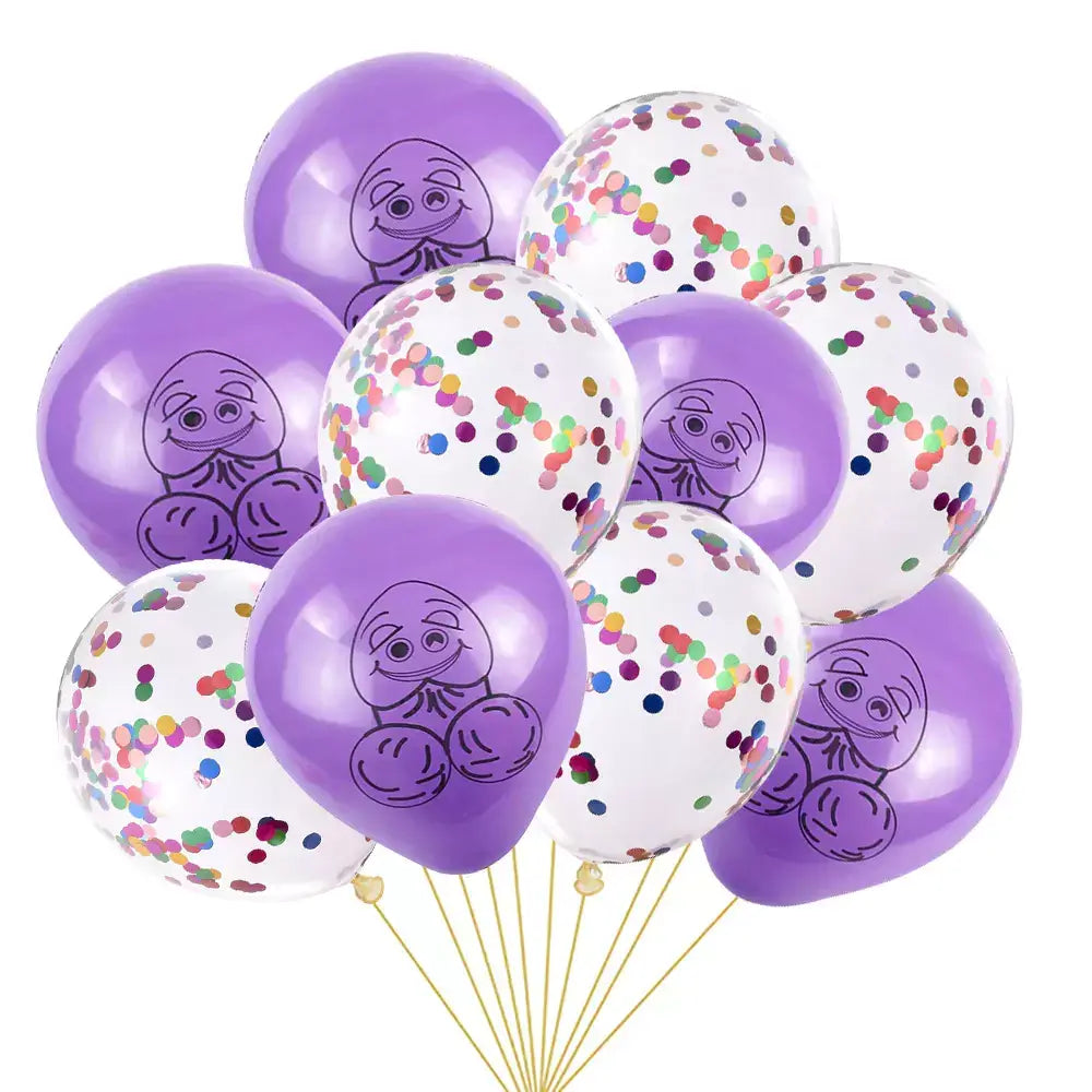Purple Smiling Penis & Rainbow Confetti Latex Balloon 10 Pack