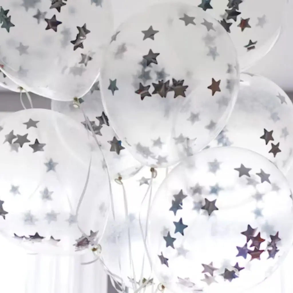 12-inch Silver Star Foil Confetti Latex Balloons 10pk