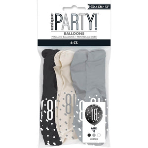 Pack of 6 12-inch Black & White Age 18 Latex Balloons