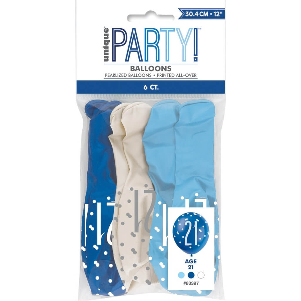 Pack of 6 12-inch Blue & White Age 21 Latex Balloons