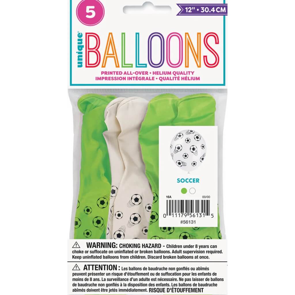Pack of 5 12-inch (30cm) Pearl Lime Green & White Soccer Ball Printed Latex Balloons.