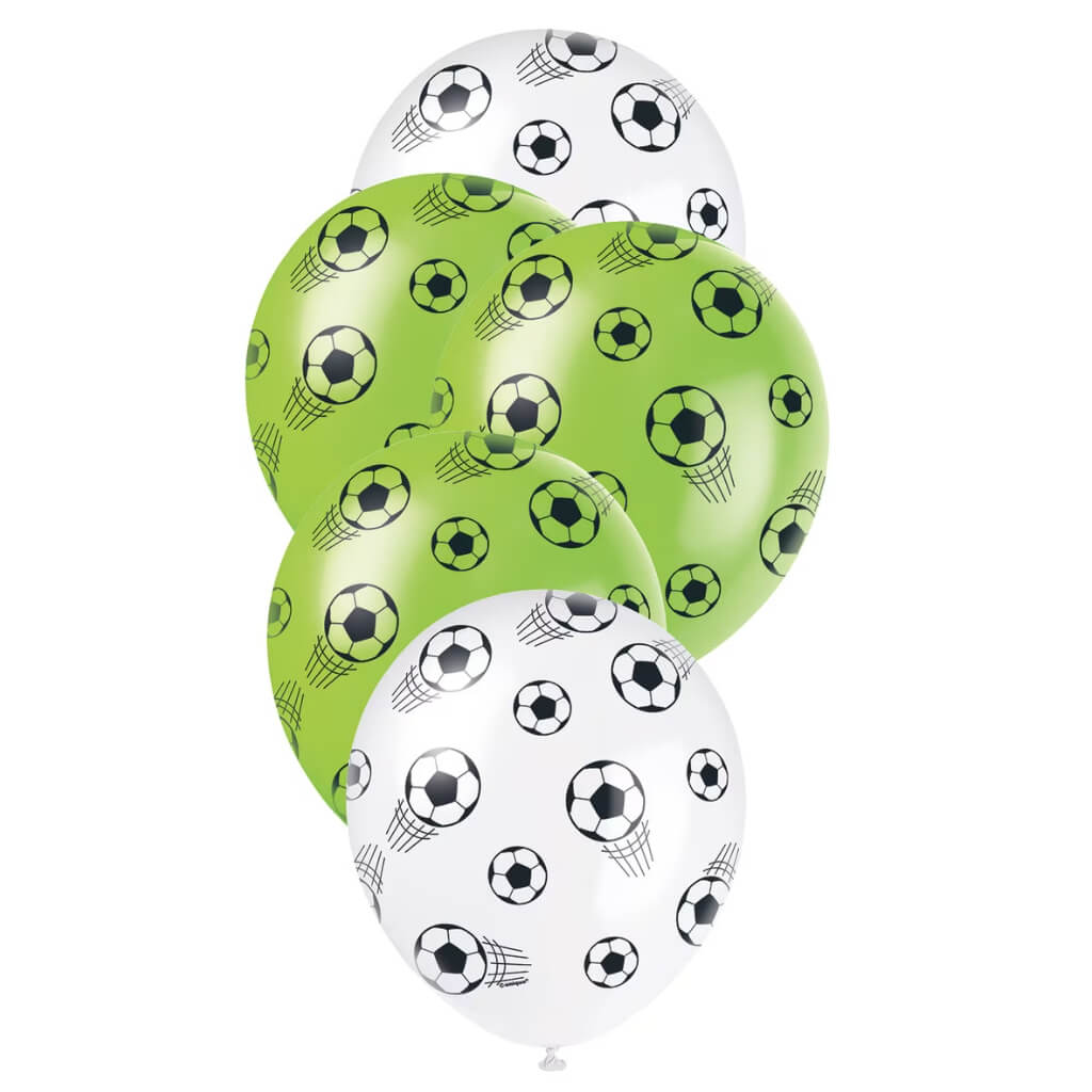 Pack of 5 12-inch (30cm) Pearl Lime Green & White Soccer Ball Printed Latex Balloons.