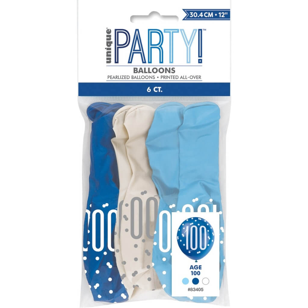 Pack of 6 12-inch Blue & White Age 100 Latex Balloons - 100th Birthday Party Decorations