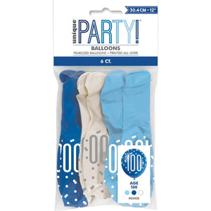Pack of 6 12-inch Blue & White Age 100 Latex Balloons - 100th Birthday Party Decorations