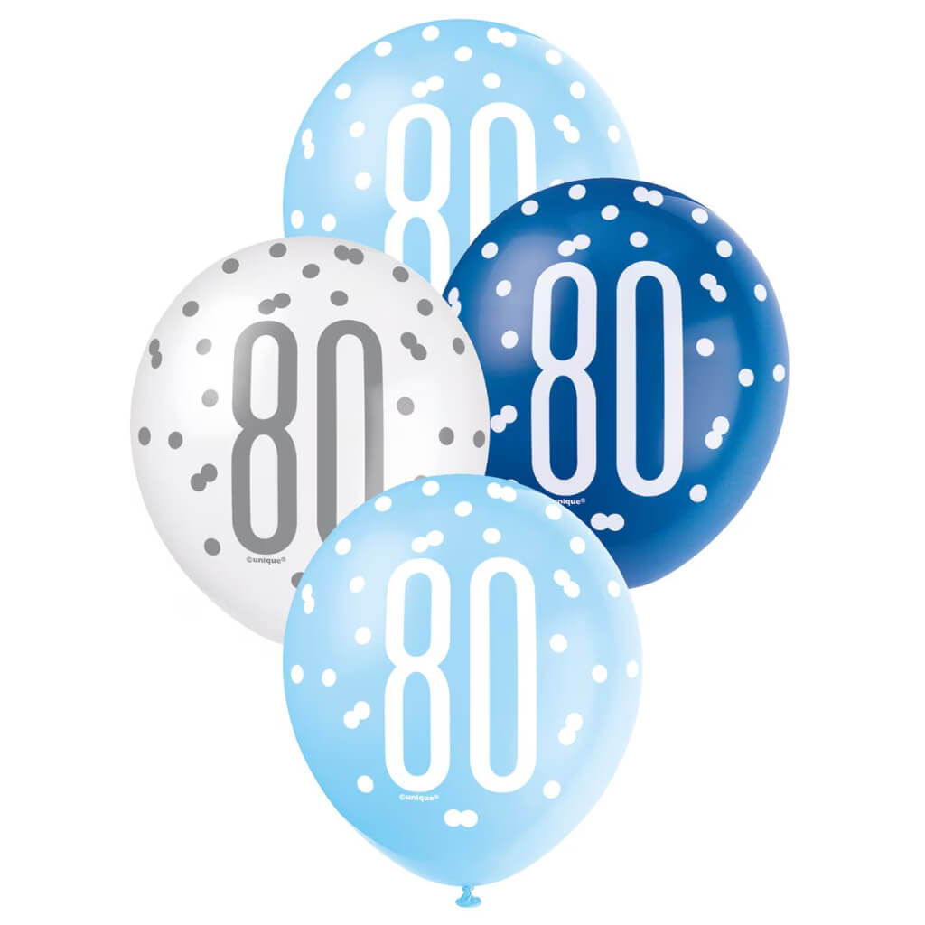 Pack of 6 12-inch Blue &amp; White Age 80 Latex Balloons - 80th Birthday Party Decorations