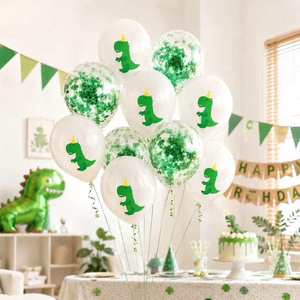 Pack of 10 12-inch Green Baby T-Rex Dinosaur Confetti Balloons