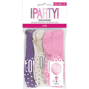 Pack of 6 12-inch Purple, Pink &amp; White Age 80 Latex Balloons - 80th Birthday Party Decorations