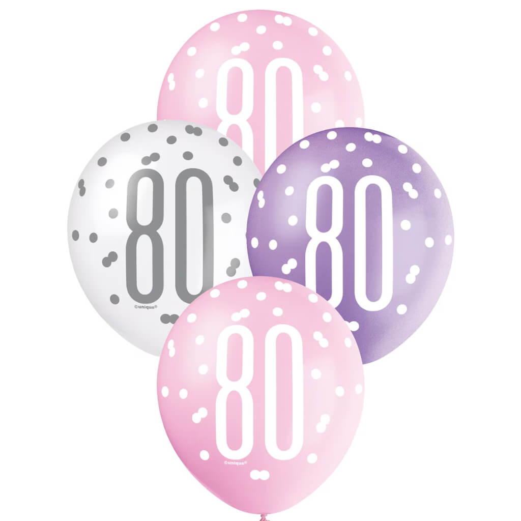 Pack of 6 12-inch Purple, Pink &amp; White Age 80 Latex Balloons - 80th Birthday Party Decorations