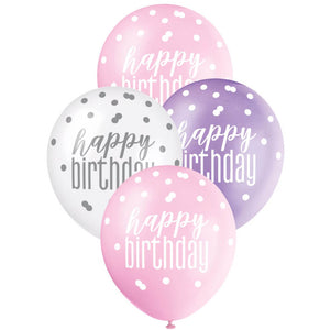 12-inch Pink, Purple & White Happy Birthday Latex Balloons 6pk