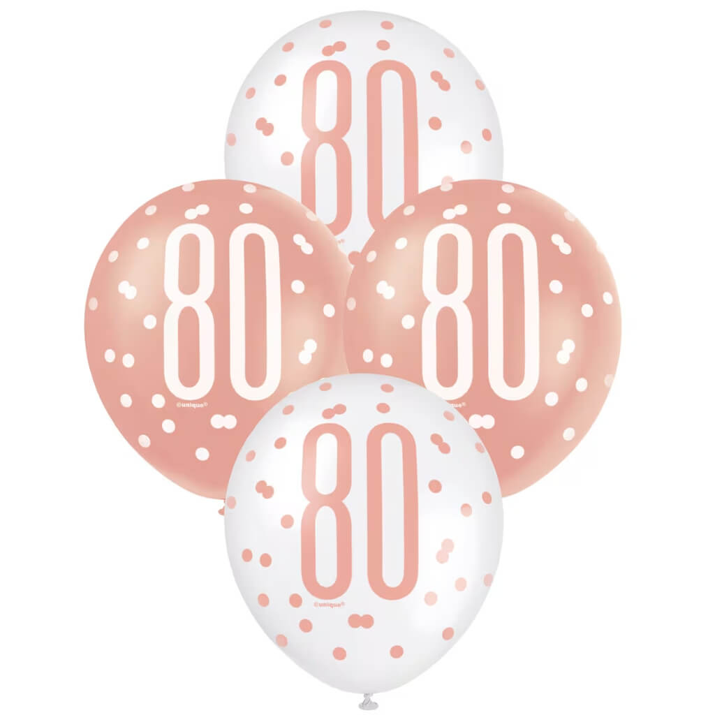 12-inch Rose Gold & White Age 80 Latex Balloons 6 pack party decoration