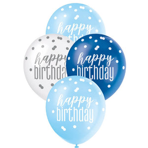 12-inch Blue & White Happy Birthday Latex Balloons 6pk