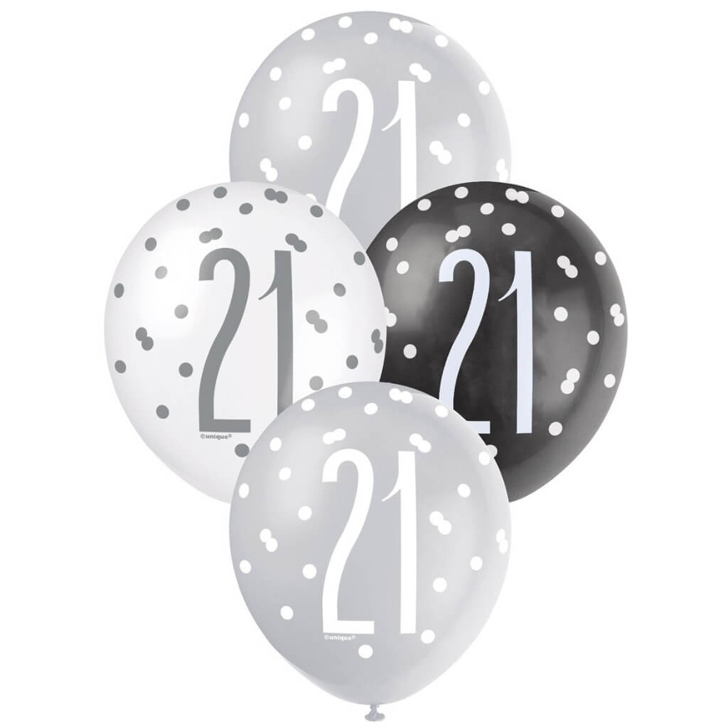 12-inch Black & White Age 21 Latex Balloons 6pk 21st birthday party decorations