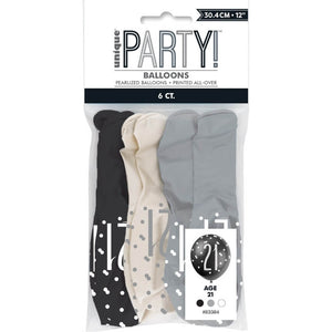 12-inch Black & White Age 21 Latex Balloons 6pk 21st birthday party decorations