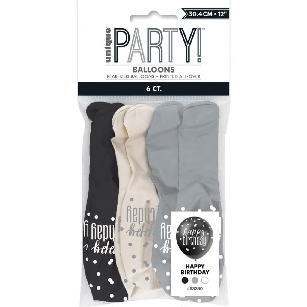 12-inch Black & White 'Happy Birthday' Latex Balloons 6pk
