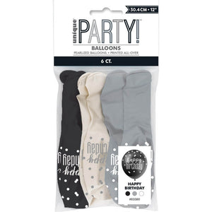 12-inch Black & White 'Happy Birthday' Latex Balloons 6pk