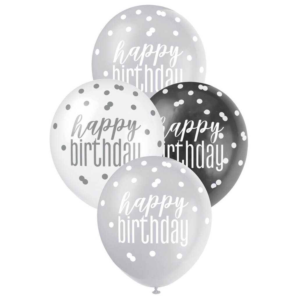 12-inch Black & White 'Happy Birthday' Latex Balloons 6pk