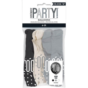 12-inch Black & White Age 100 Latex Balloons 6pk 100 birthday party decorations