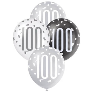 12-inch Black & White Age 100 Latex Balloons 6pk 100 birthday party decorations