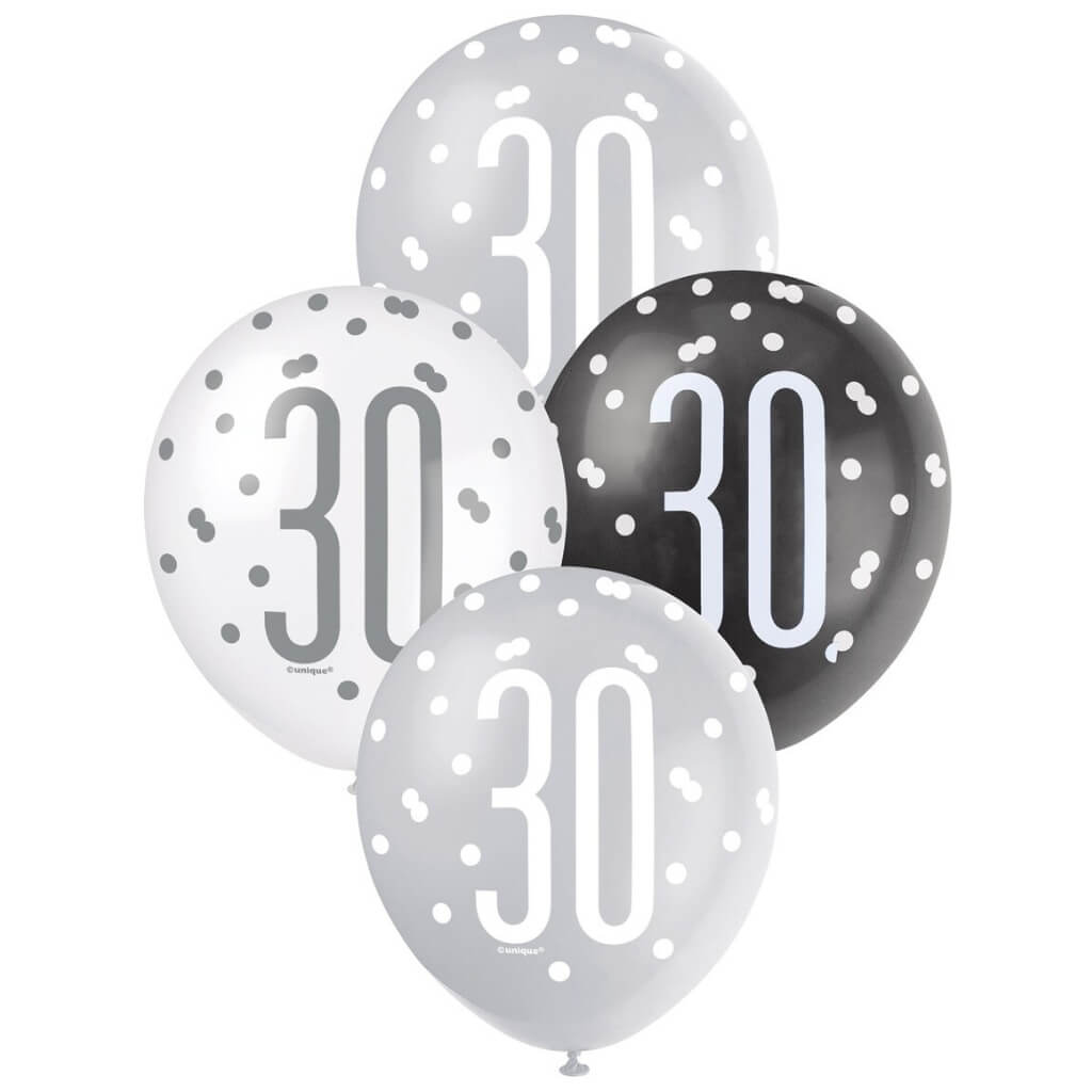 Pack of 6 12-inch Black & White Age 30 Latex Balloons